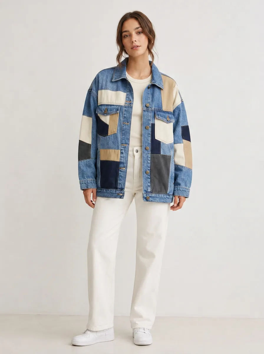 Women's Casual Fashion Colorblock Patchwork Printed Denim Jacket