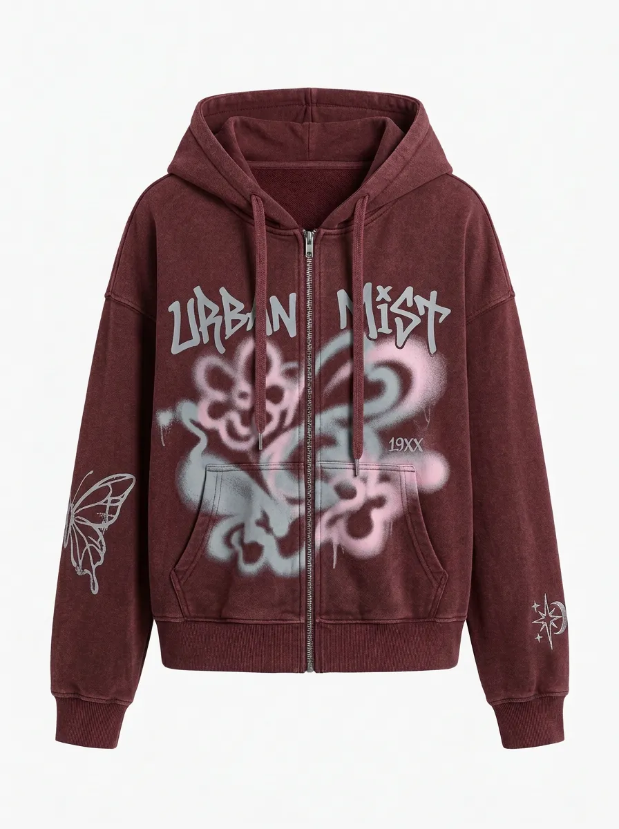 Unisex Streetwear Urban Mist Butterfly Flower Printed Zip-up Hoodie