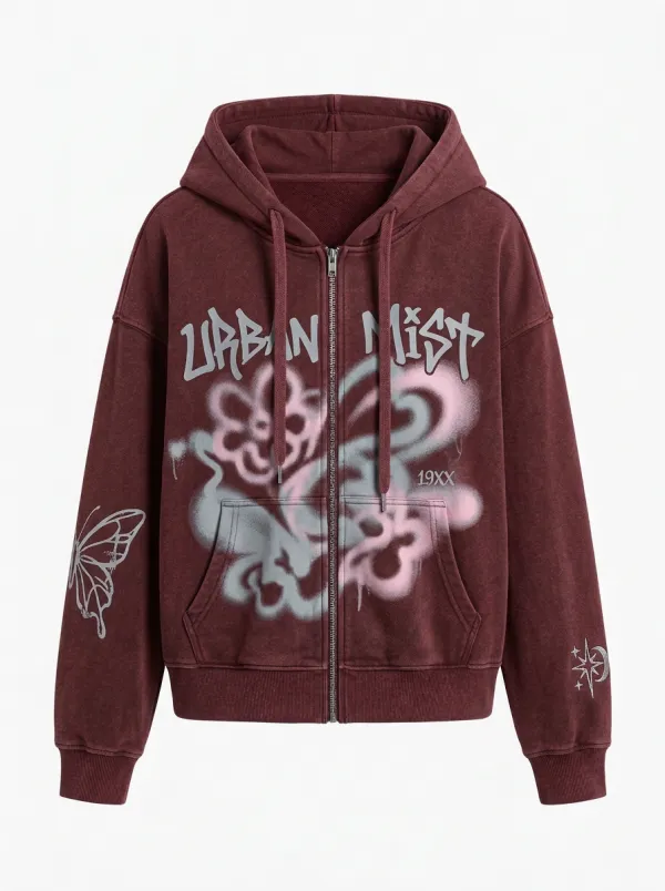 Unisex Streetwear Urban Mist Butterfly Flower Printed Zip-up Hoodie