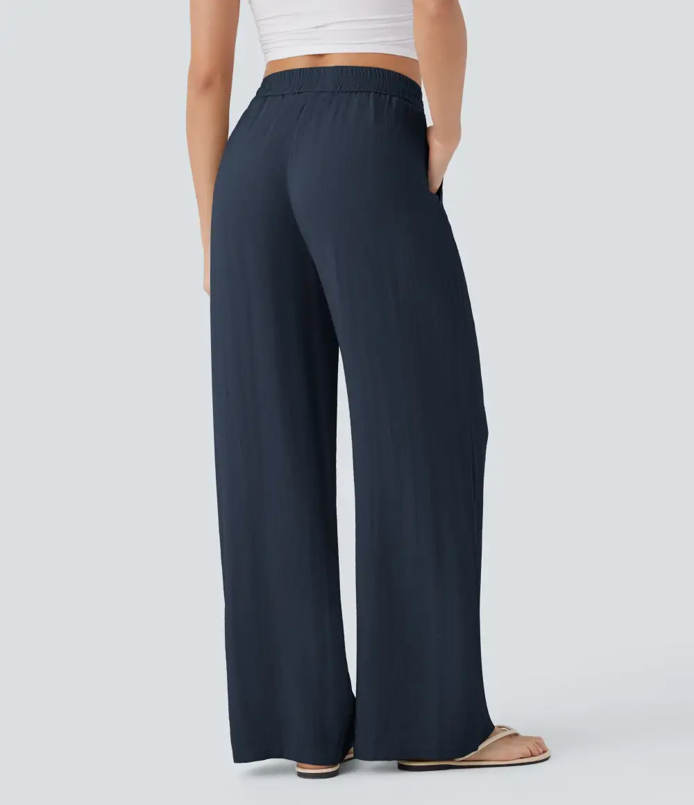 2026🔥 High Waisted Drawstring Pocket Wide Leg Casual Linen-Feel Pants