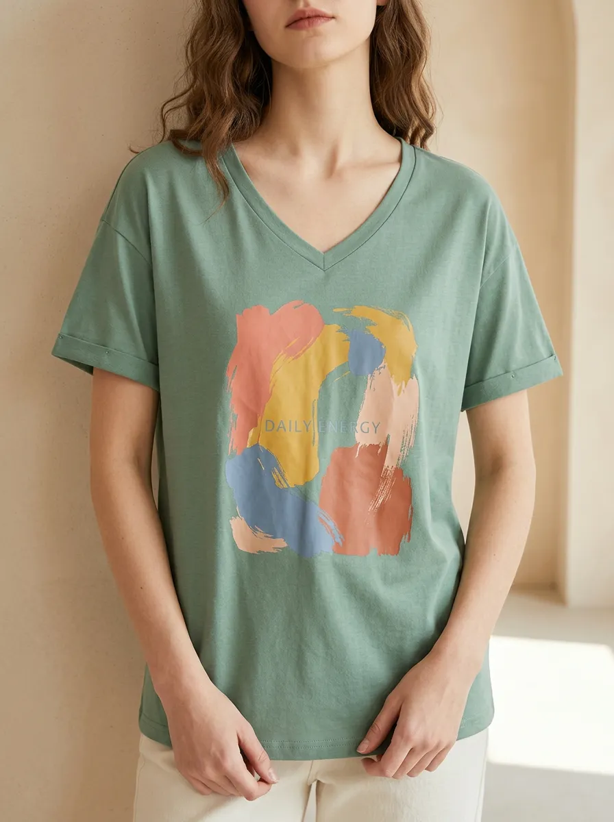 Women's Daily Energy Abstract Brushstroke Printed V-Neck T-Shirt