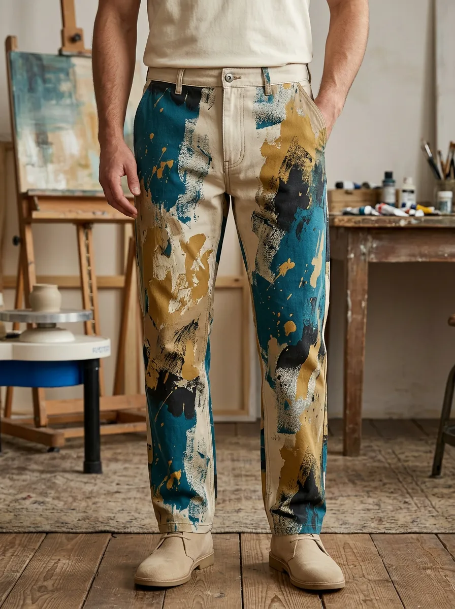 Men's Belted Paint Splatter Print Trousers