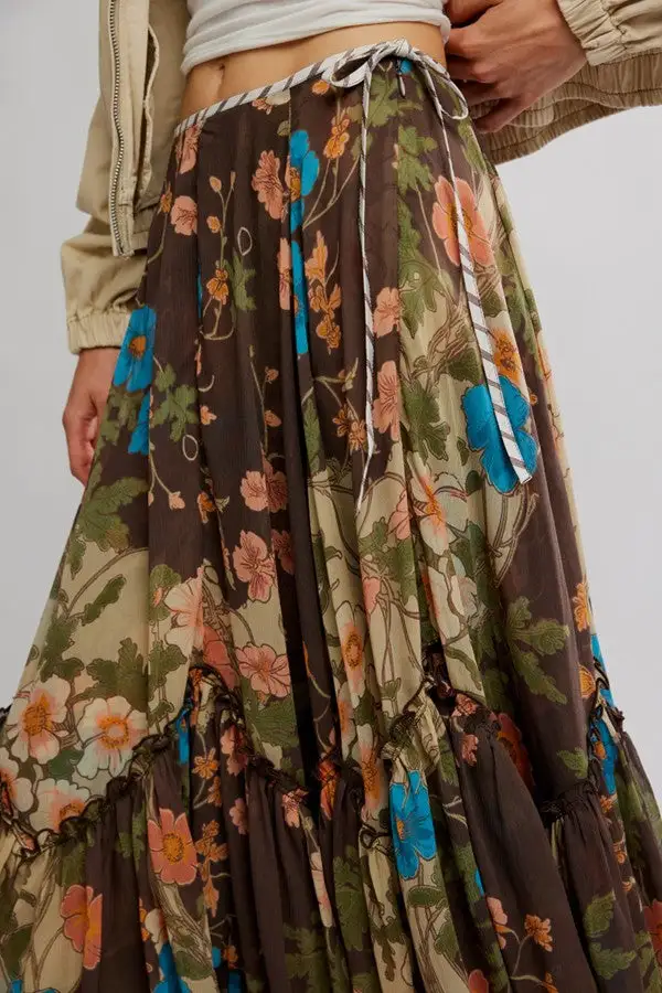 Women's Floral Print Chiffon Ruffle Maxi Skirt