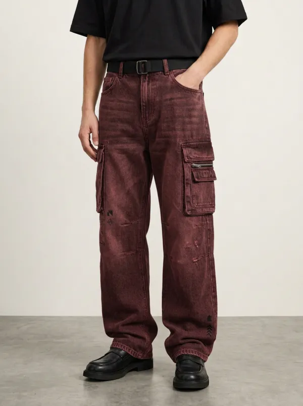 Men's Streetwear Washed Black Graphic Cargo Pants