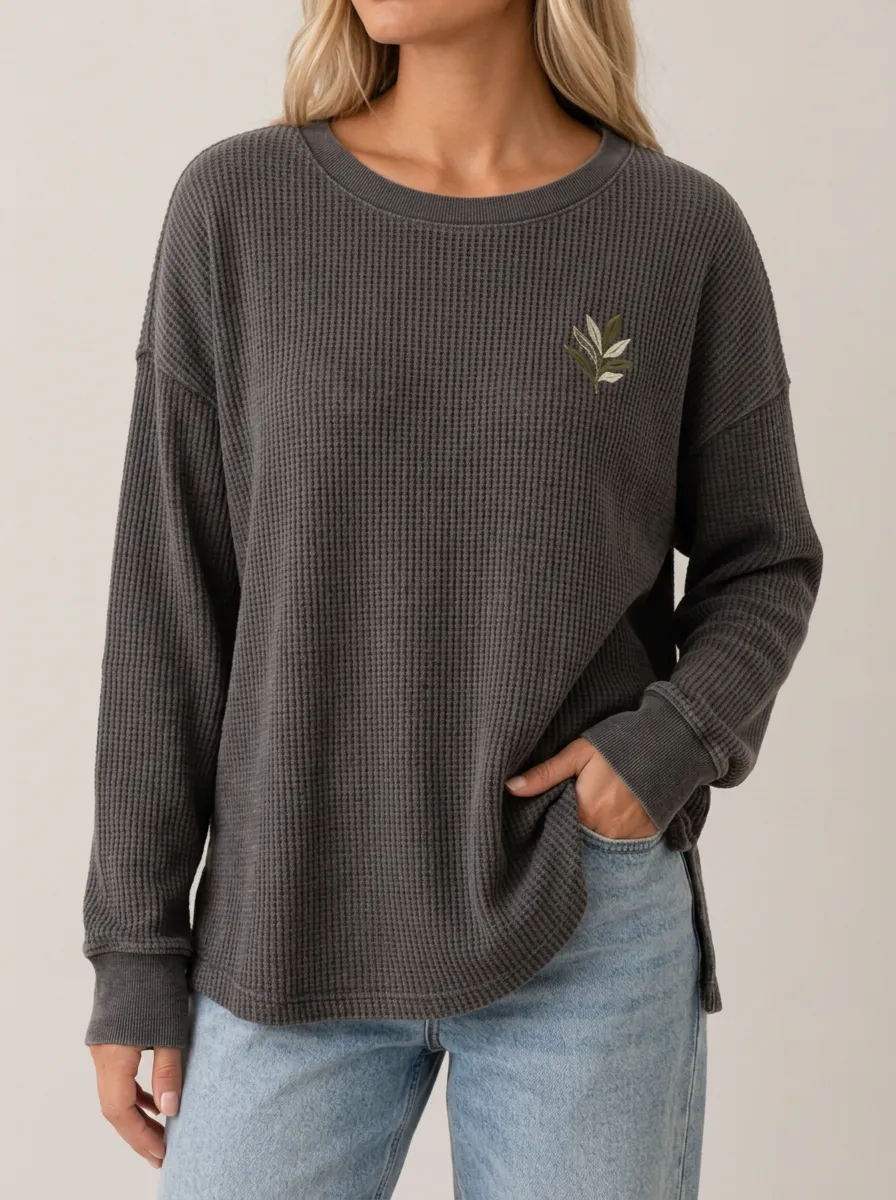Women's Botanical Nature Lover Leaf Embroidered Waffle Knit Top