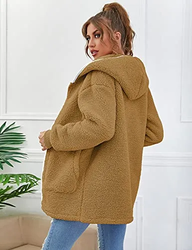 Women Oversized Sherpa Hoodie Fuzzy Fleece Jacket Zip Up Long Sleeve Winter Coat with Pockets