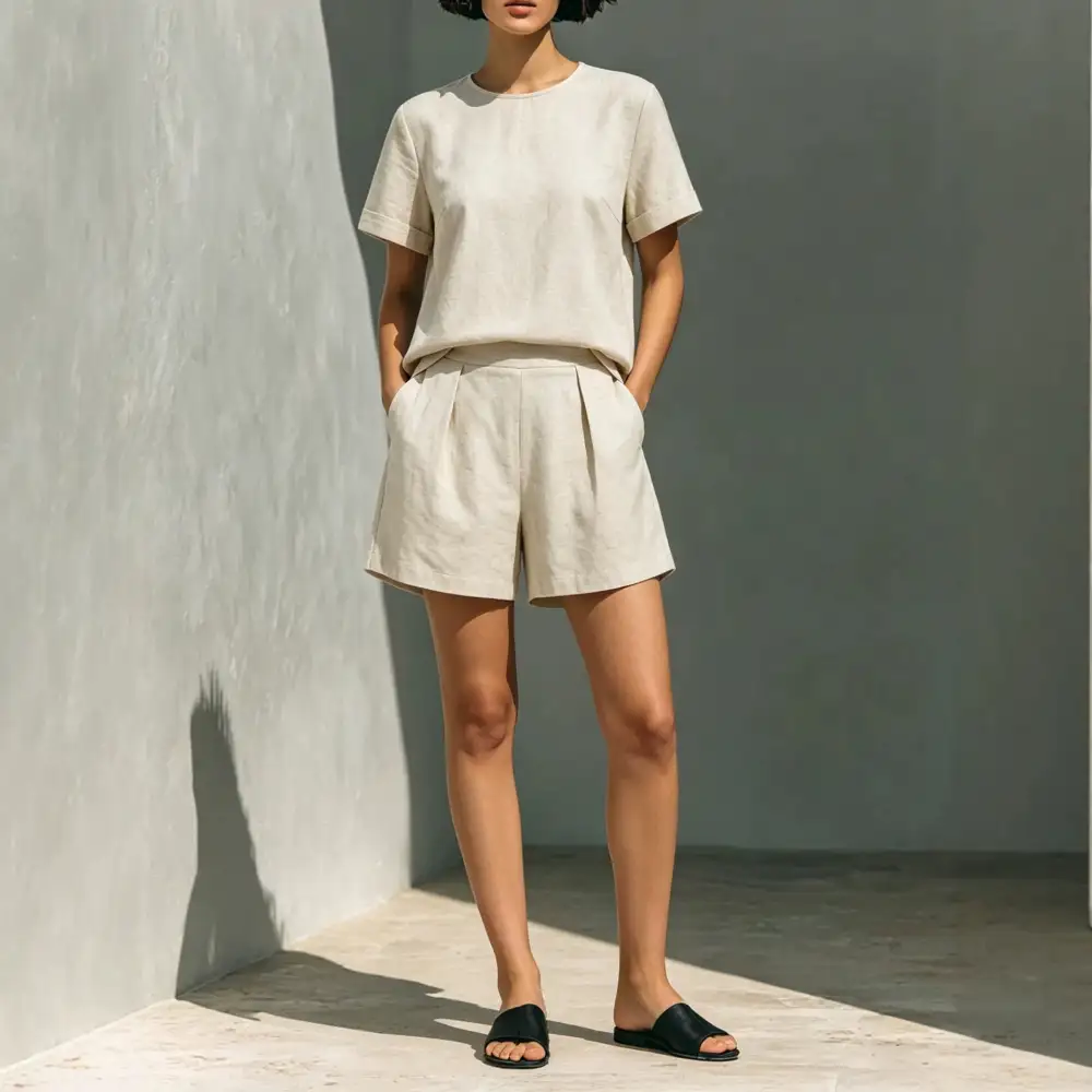 Elastic-Waist Short-Sleeve Linen Women's Matching Set