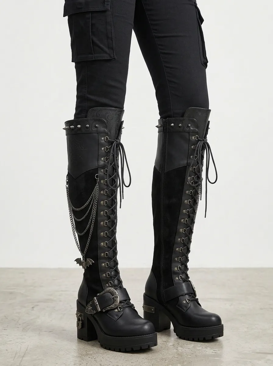 Classic Gothic Bat Spiderweb Chain Punk Look Women's Gothic Platform Boots