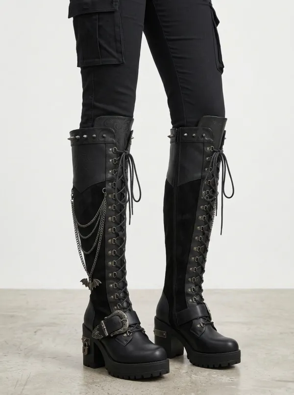 Classic Gothic Bat Spiderweb Chain Punk Look Women's Gothic Platform Boots