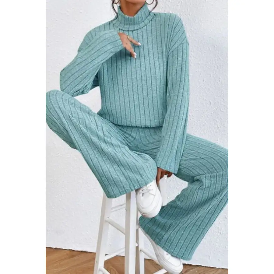 Mock Neck Dropped Shoulder Top and Pants Set