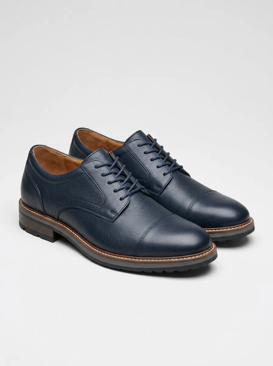 Men's Business Casual Navy Blue Leather Cap Toe Oxford Shoes