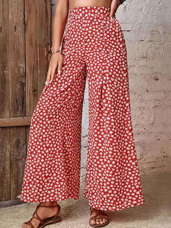 High Waist Floral Print Flared Wide Pants