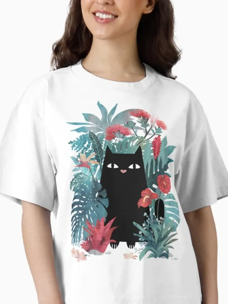 Lady fashionable tropical cat flower print short-sleeved round-neck T-shirt