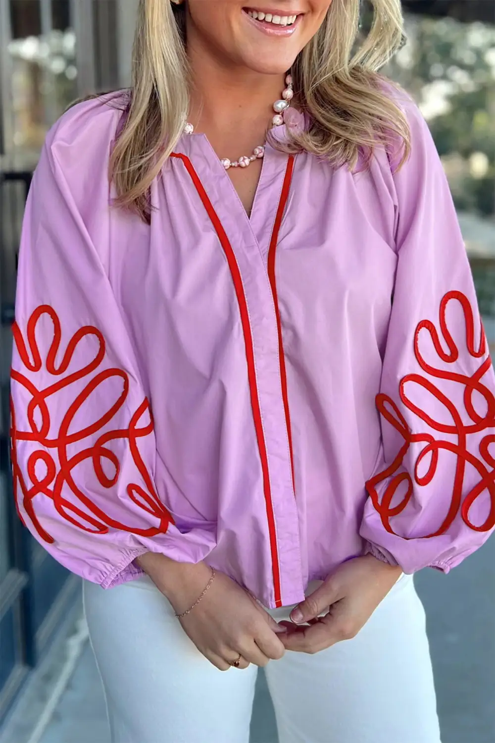 Women's Cotton Long Sleeve Contrast Detail Blouse