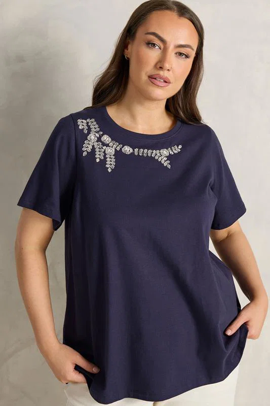 Navy Blue Beaded Flower T-Shirt detail 1