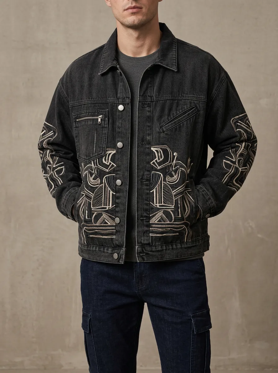 Men's Abstract Geometric Embroidered Denim Jacket