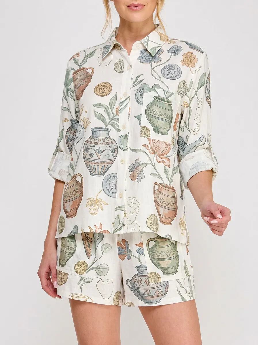 Women's Greek Mythology Art Pottery Coin Printed Button-up Shirt