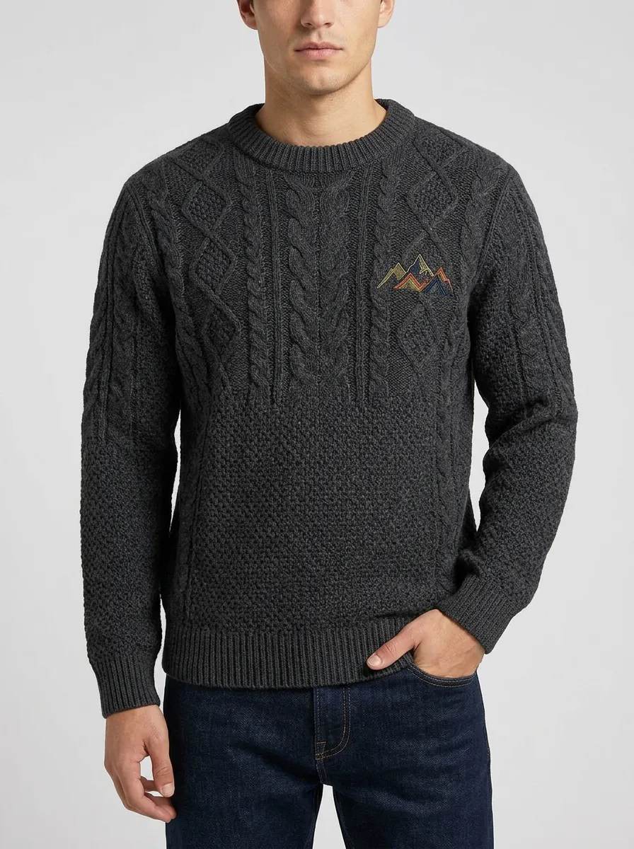 Men's Charcoal Outdoor Mountain Embroidered Knit Sweater