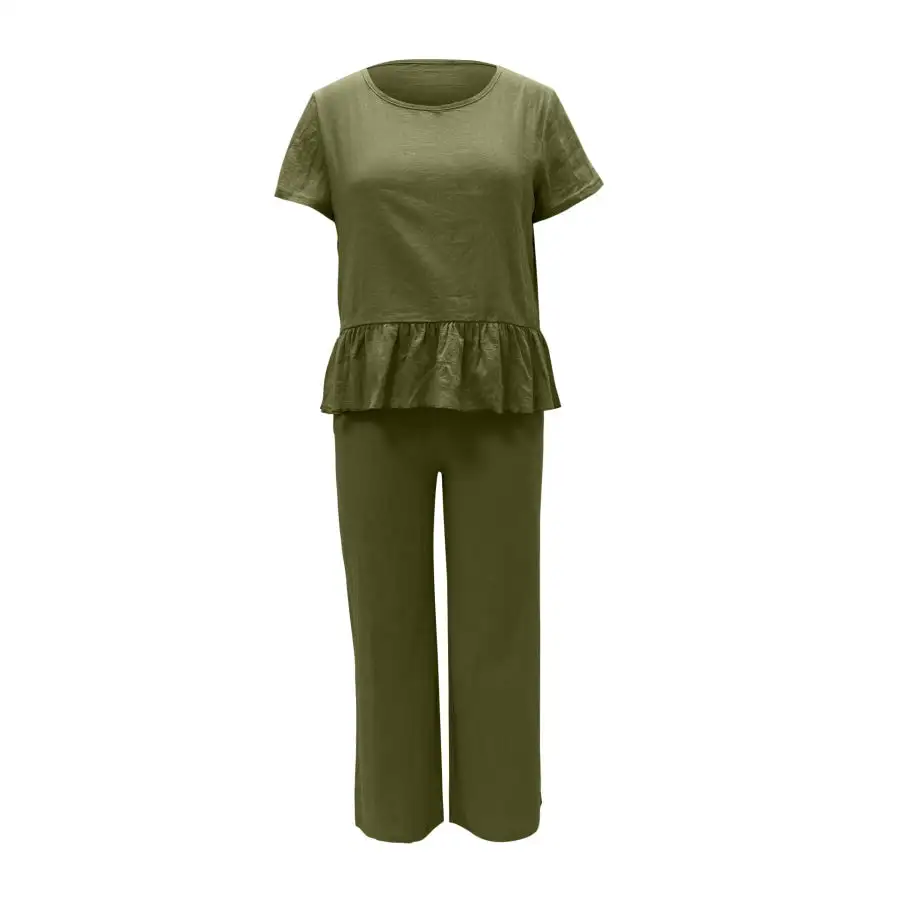 Peplum Round Neck Short Sleeve Top and Pants Set