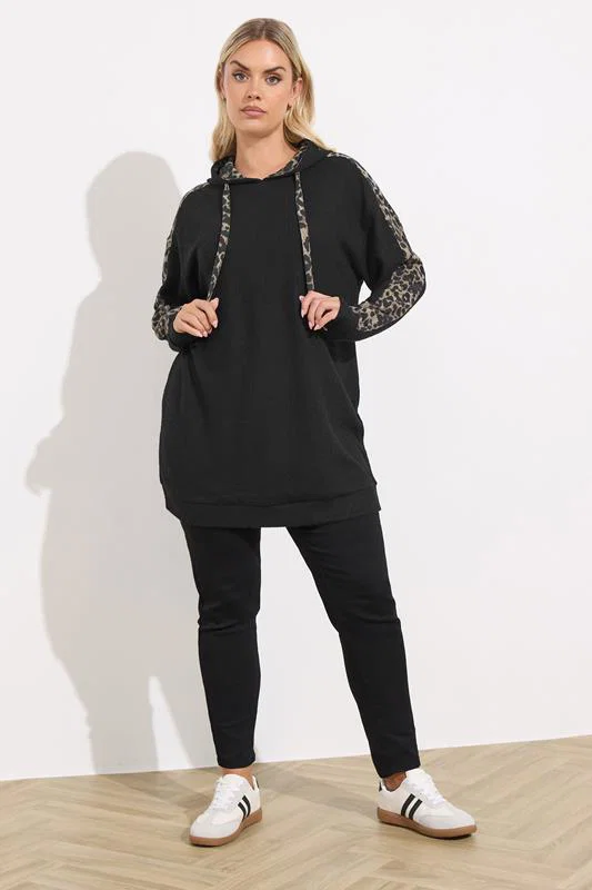 Black Leopard Print Trim Hoodie detail 1