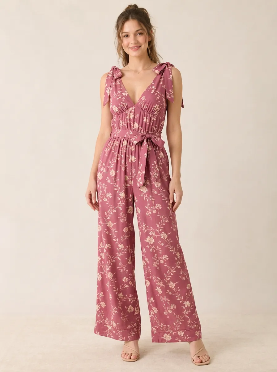 Women's Botanical Floral Floral Bloom Tie Shoulder Relaxed Jumpsuit