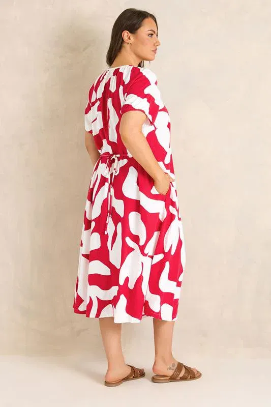 Red Premium Linen Abstract Print Maxi Dress
