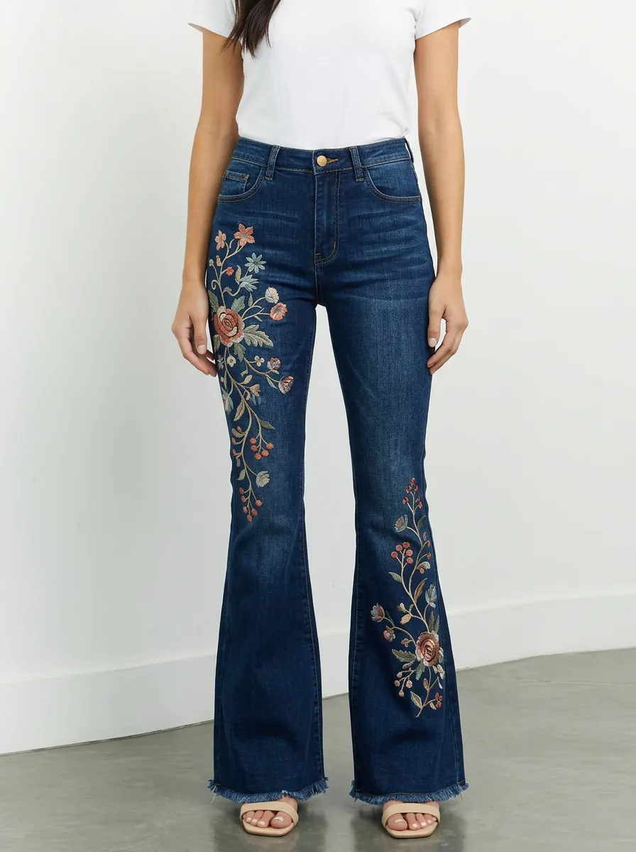Women's Vintage Floral Embroidered Denim Flare Jeans