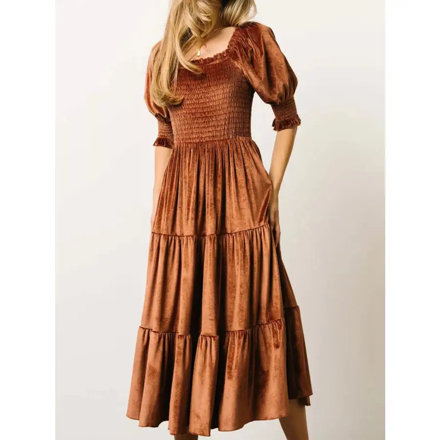 Velvet Smocked Tiered Midi Dress