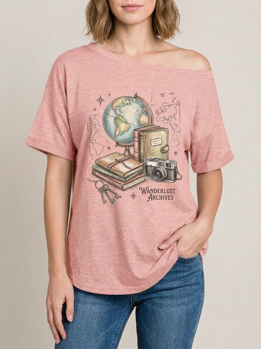 Women's Travel Globe Books Camera Graphic T-Shirt
