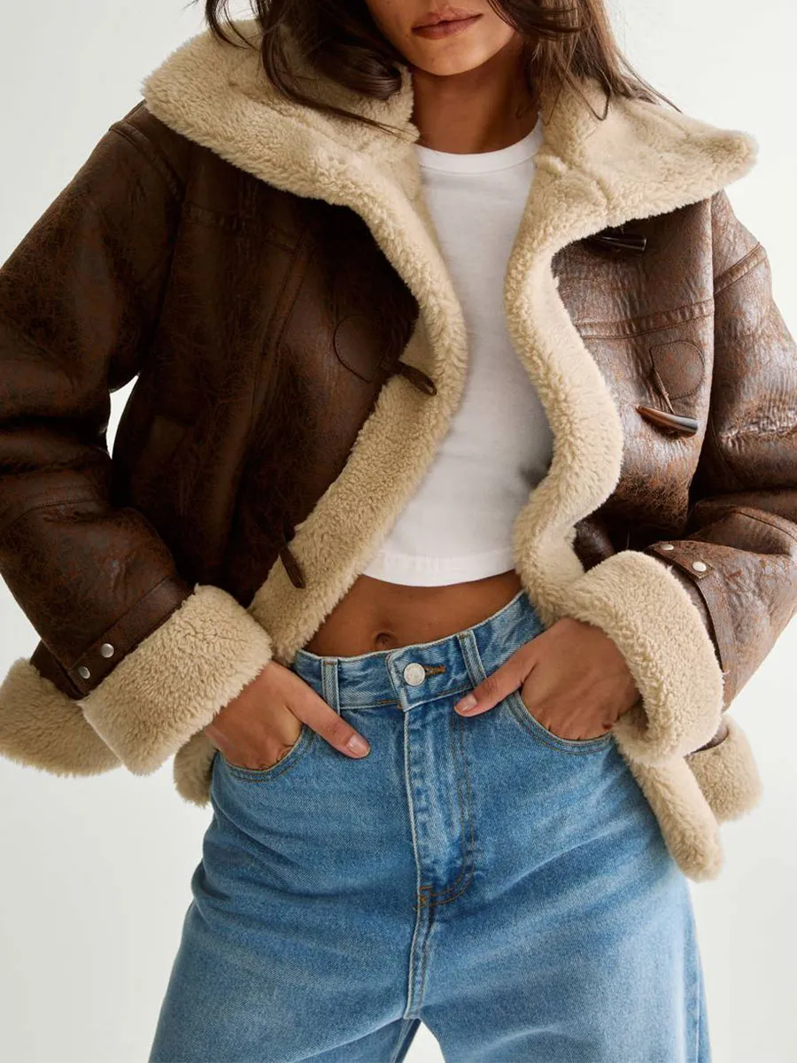 Brown Leather Shearling Lined Button Coat