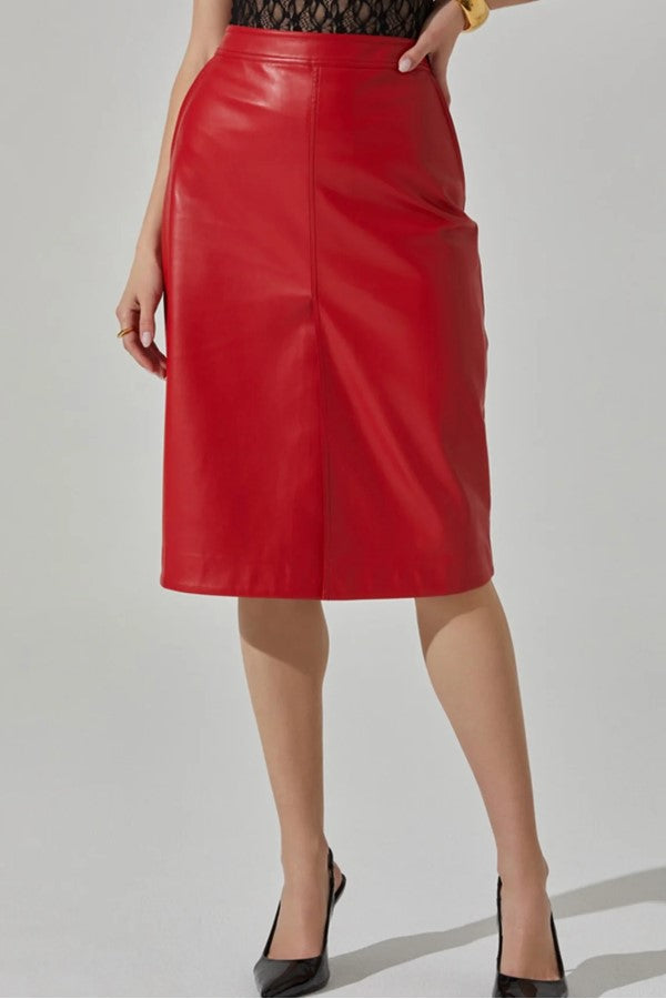 Red Faux Leather Straight Midi Skirt
