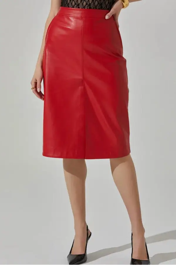 Red Faux Leather Straight Midi Skirt
