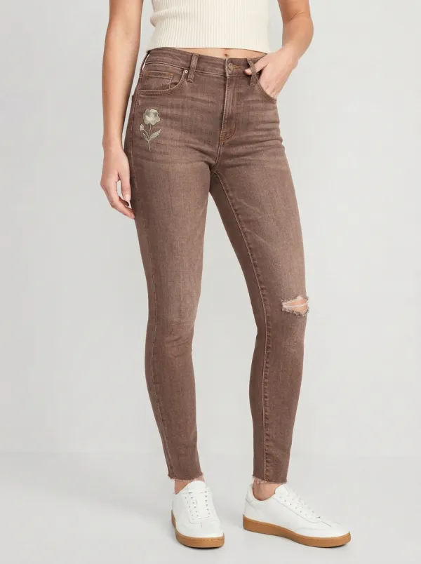 Women's Sterling Floral Embroidered Distressed Graphic Slim Jeans