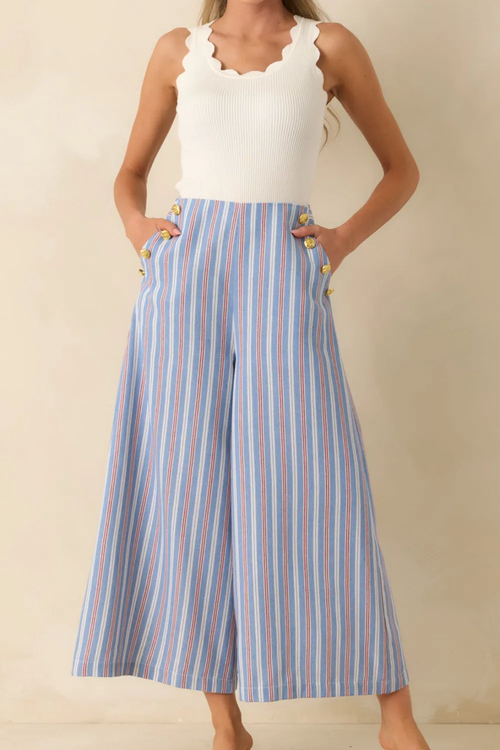 Striped Cotton Blend Wide Leg Pants