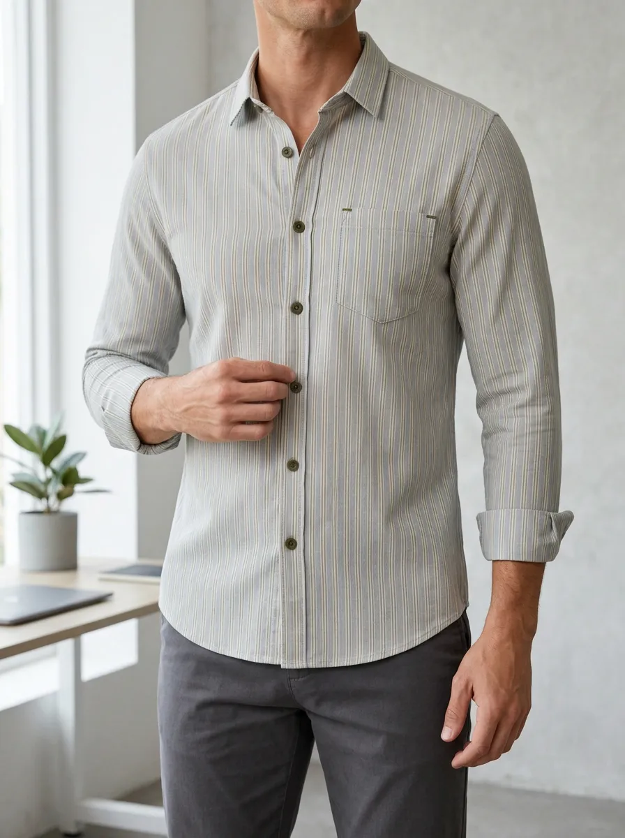 Men's Slim Fit Vertical Striped Printed Button-Down Shirt
