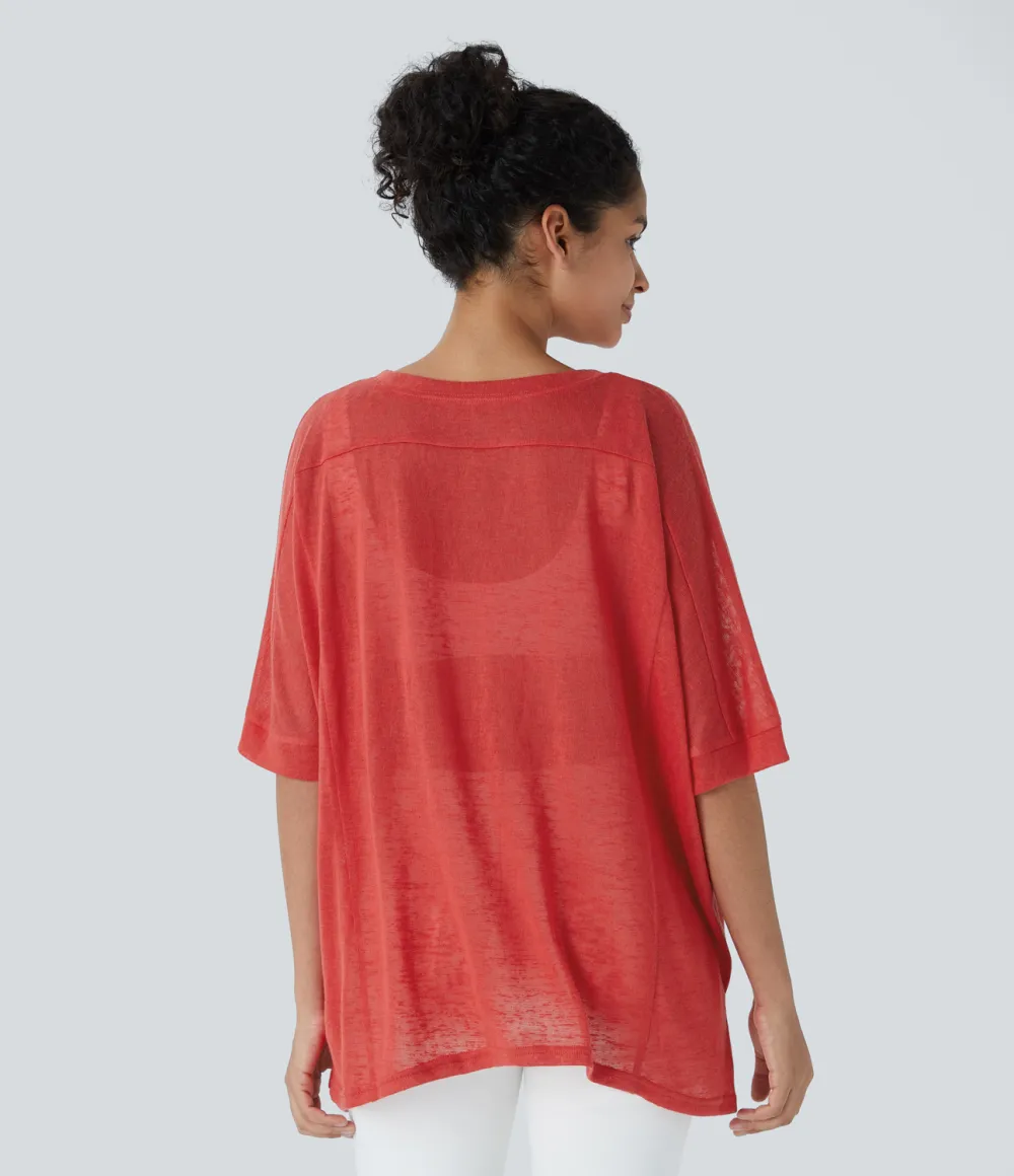 Asymmetric Split Hem Sheer Oversize Casual Top
