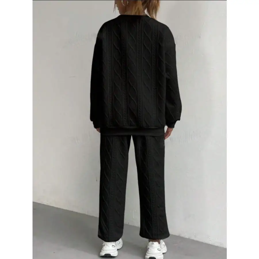 Relaxed Texture Round Neck Top and Pants Set