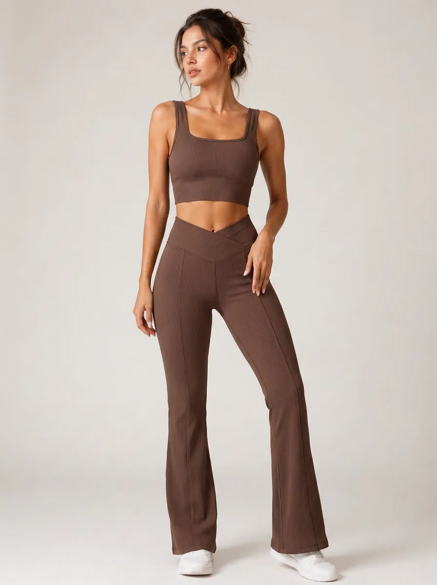 Women's Yoga Fitness Brown Ribbed V-Waist Crop Top Flare Leggings Set