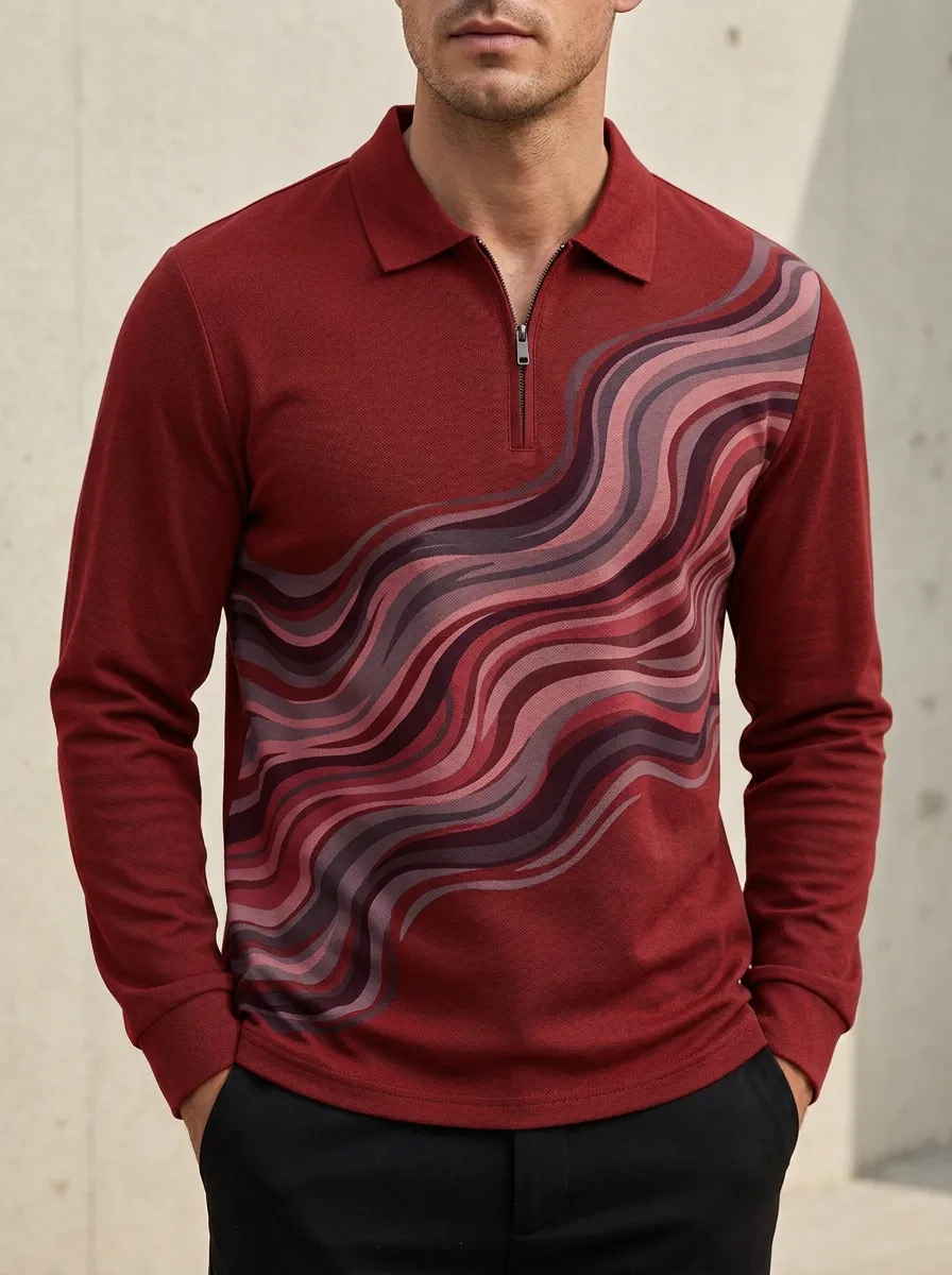 Men's Abstract Wave Pattern Long Sleeve Zip Polo Shirt