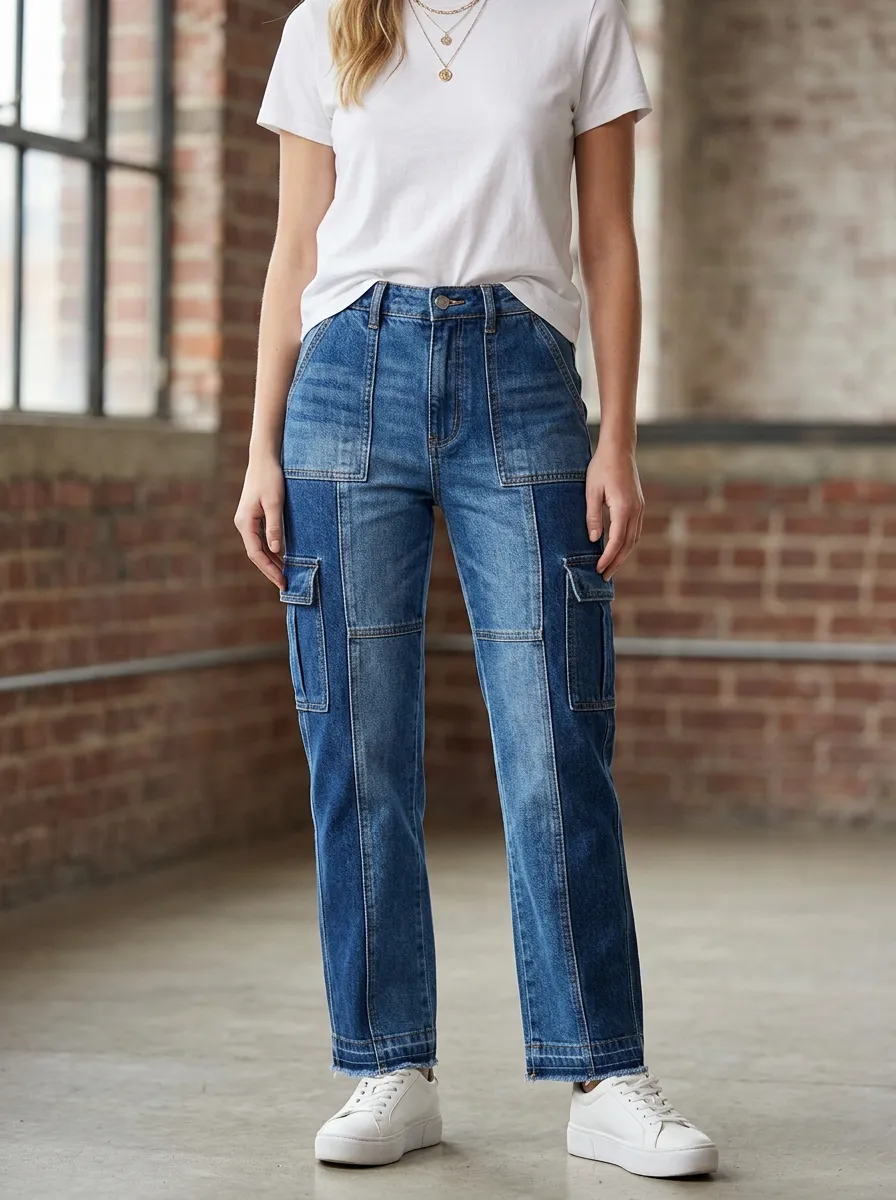 Women's Casual Style Two-Tone Patchwork Cargo Denim Jeans