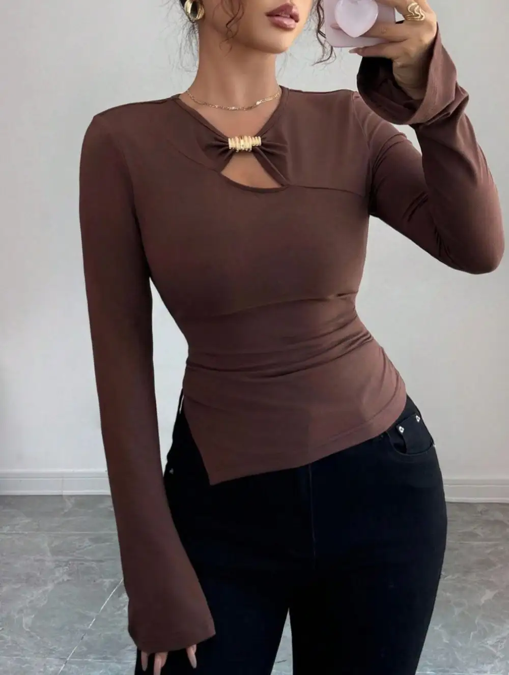 Asymmetrical Openwork Metal Detail Top