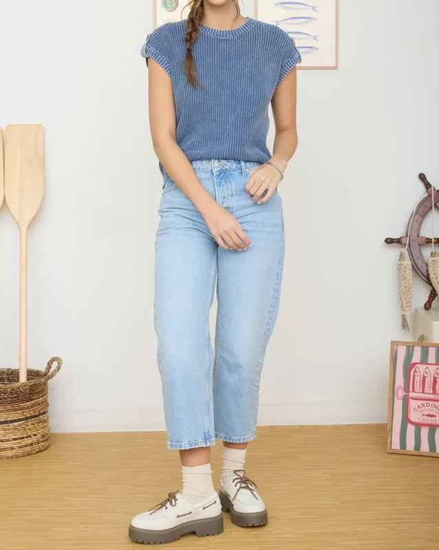 Acid-Washed Tab Sleeve Back-Button Knit Top