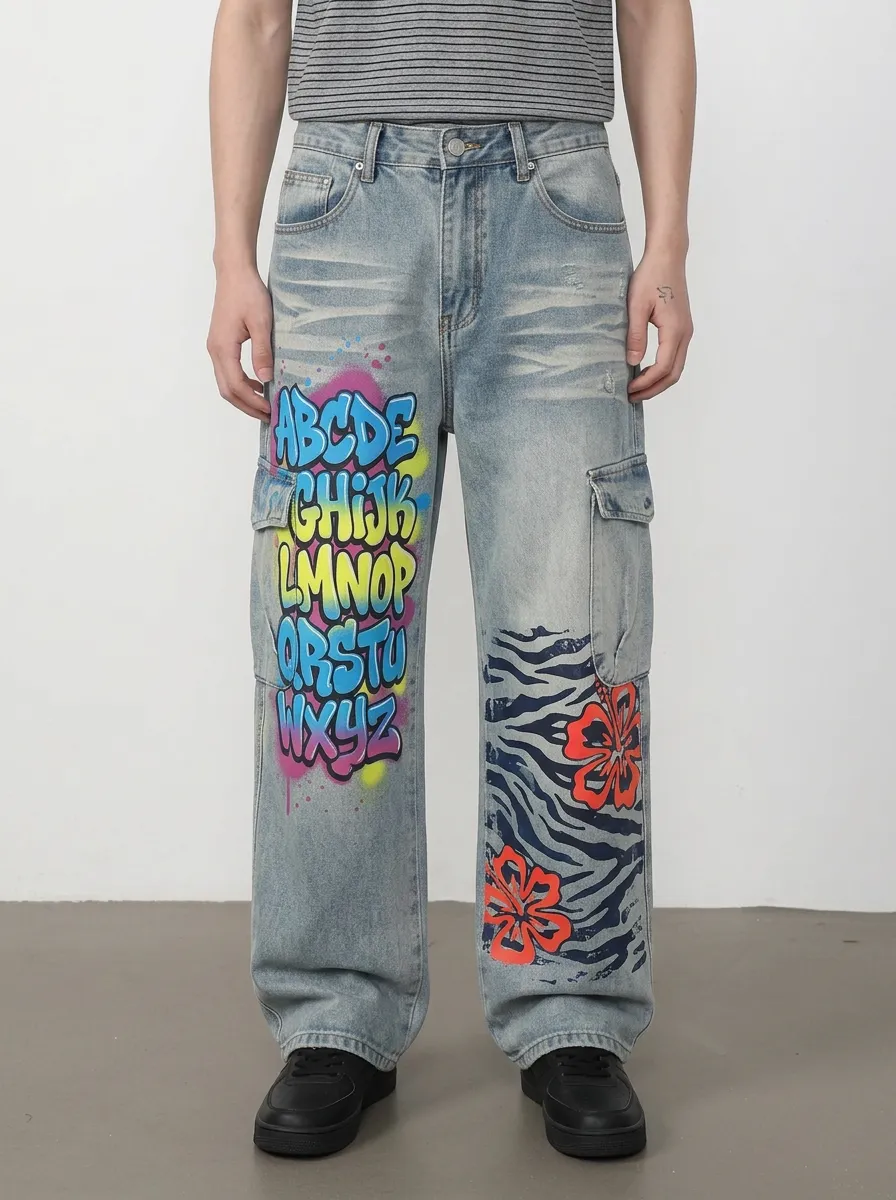 Men's Graffiti Alphabet Zebra Floral Graphic Cargo Jeans