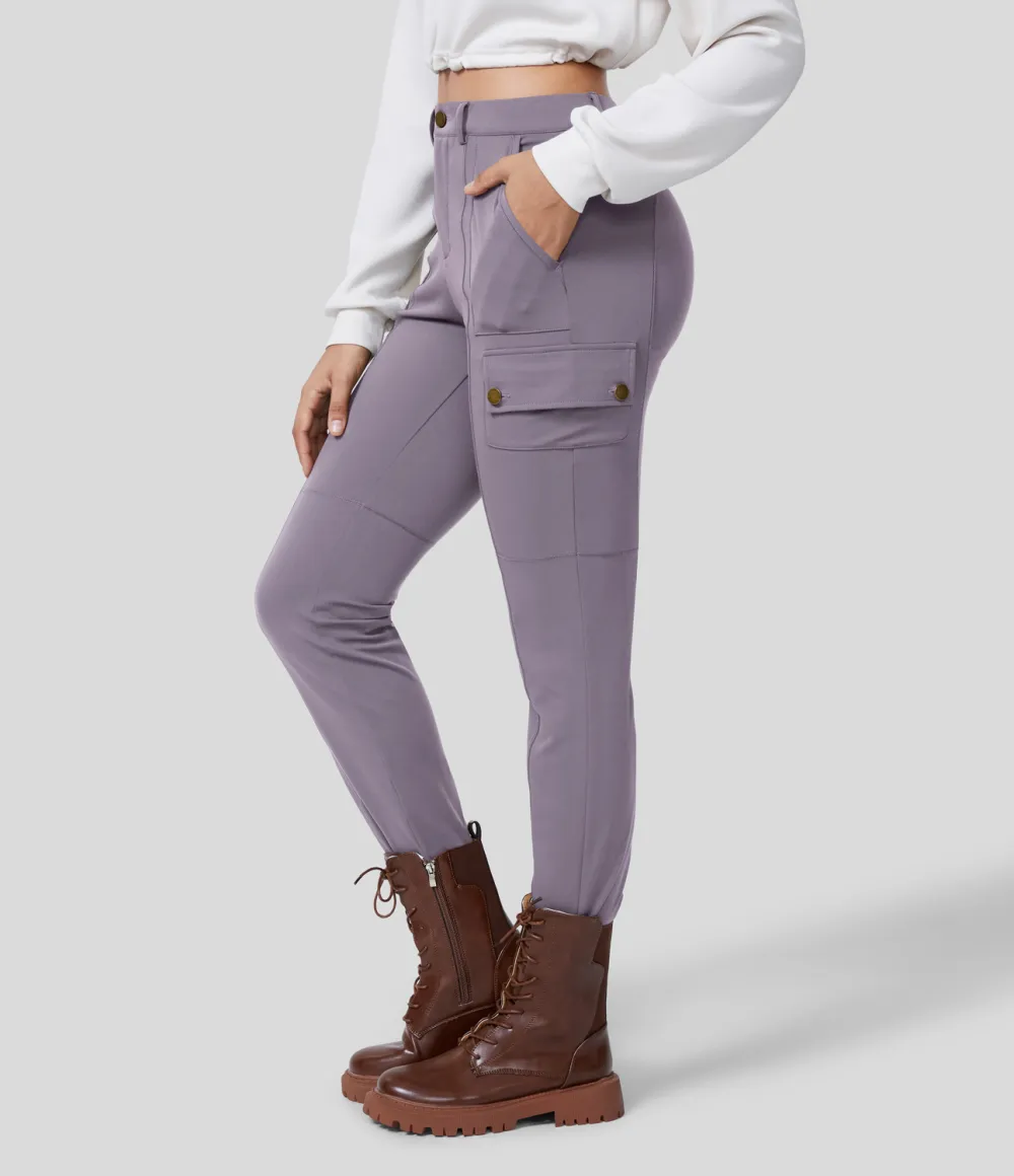 High Waisted Button Zipper Multiple Pockets Solid Skinny Cargo Pants