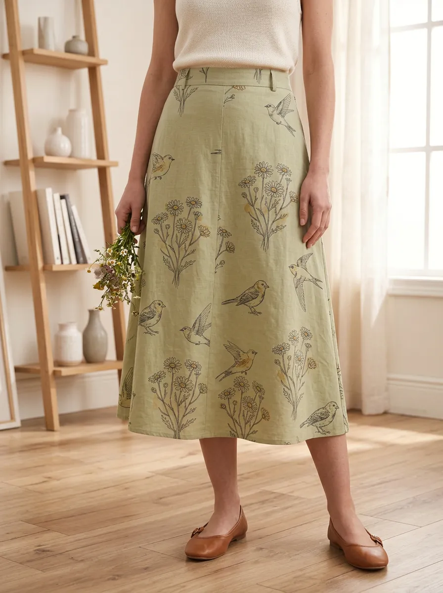 Women's Bird And Floral Print Midi Skirt