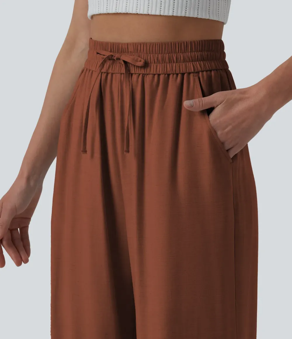 2026🔥High Waisted Drawstring Wide Leg Casual Linen-Blend Trousers with Pockets