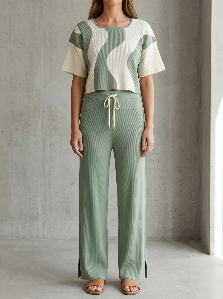 Women's Wavy Pattern Wide Leg Pants Set