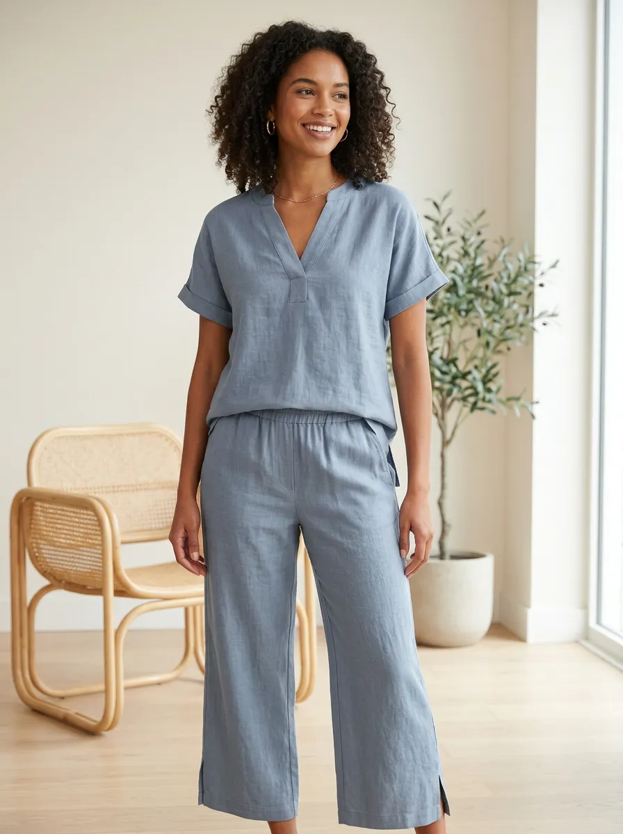 Easy-Wear Short-Sleeve Linen-Blend Women's V-Neck Casual Lounge Set
