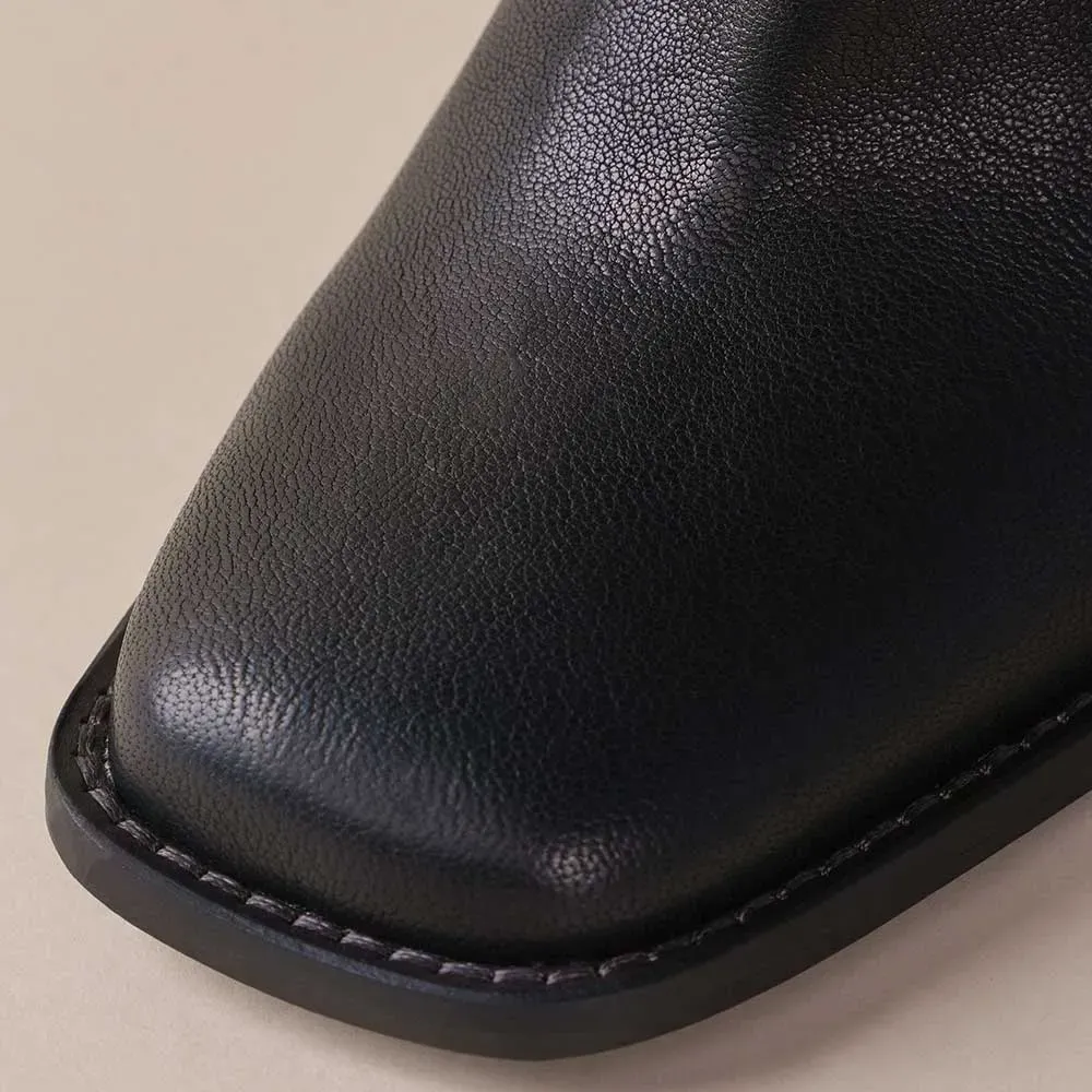 Faux-Leather Pull-On Square-Toe Chunky-Heel Mid-Calf Boots