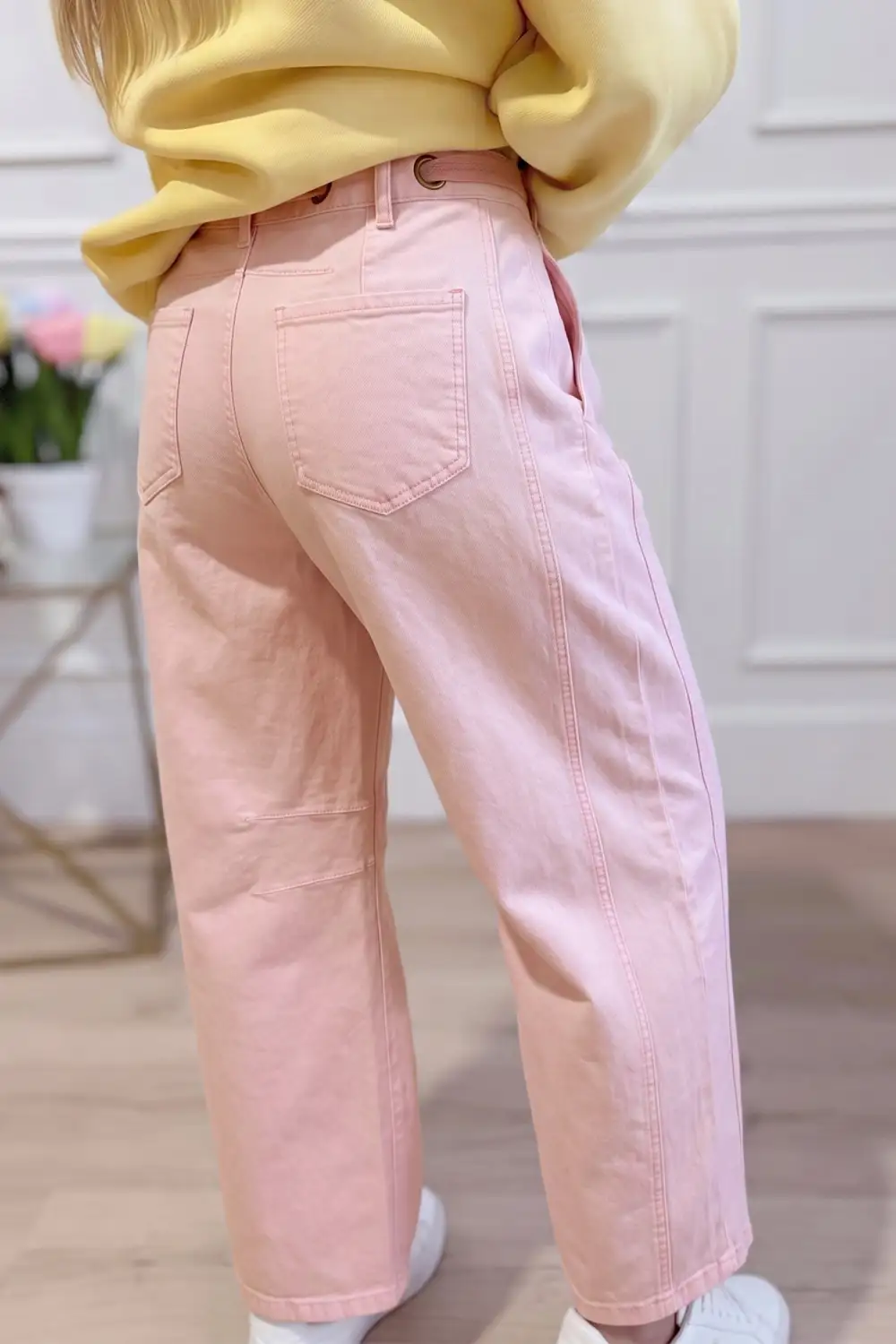 Women's Solid Grommet Detail Knot Waist Barrel Jeans